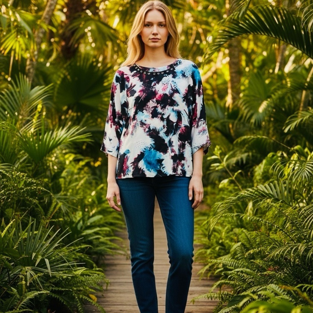 Kenzie Women S Top flowy silky boxy oversized multicolor abstract/ink plot print